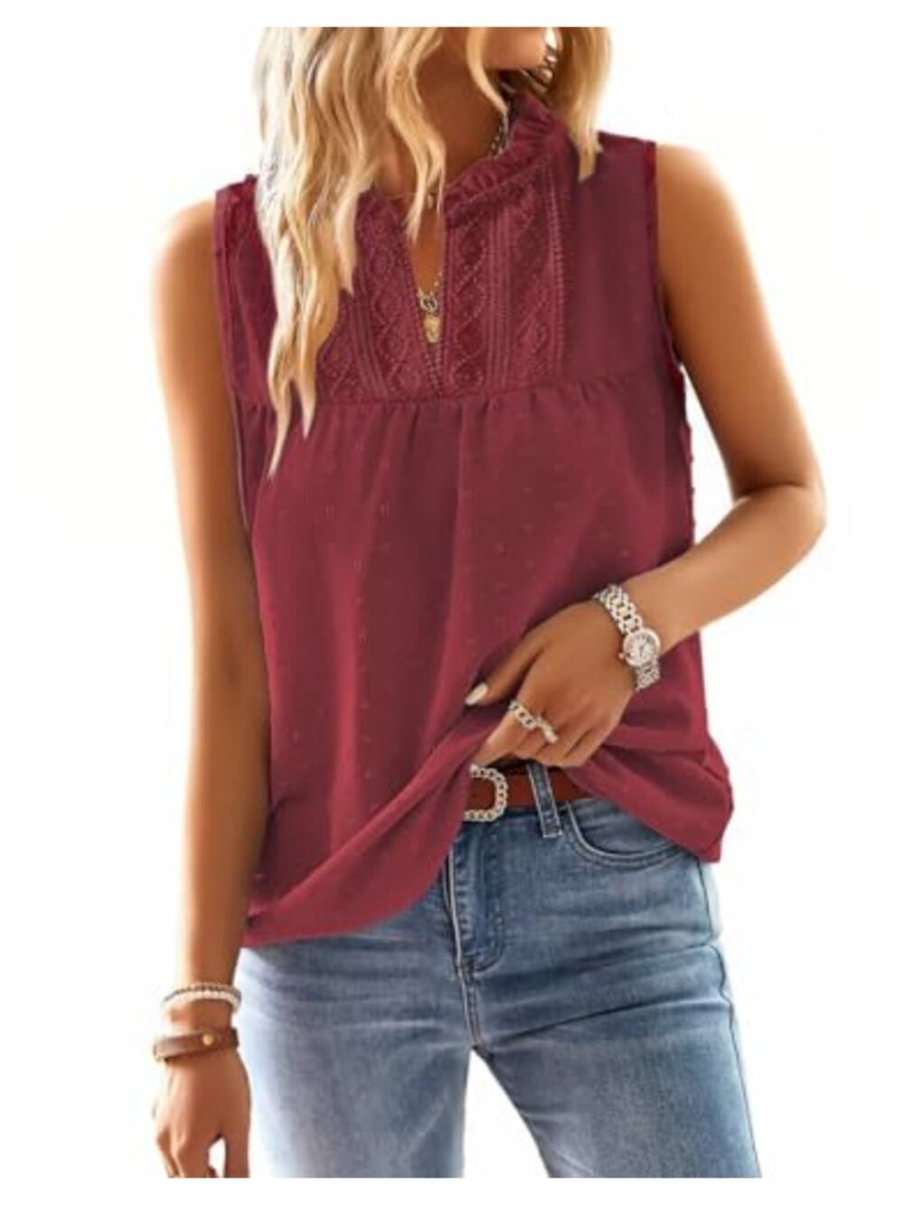 Womens V-Neck Sleeveless Tank Top Swiss Dot Crochet Lace Relaxed Fit